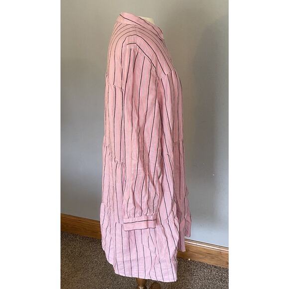 J. Jill Love Linen Shirt Dress MED Pink Stripe Button Front Tiered Ruffle Boho - Picture 5 of 12